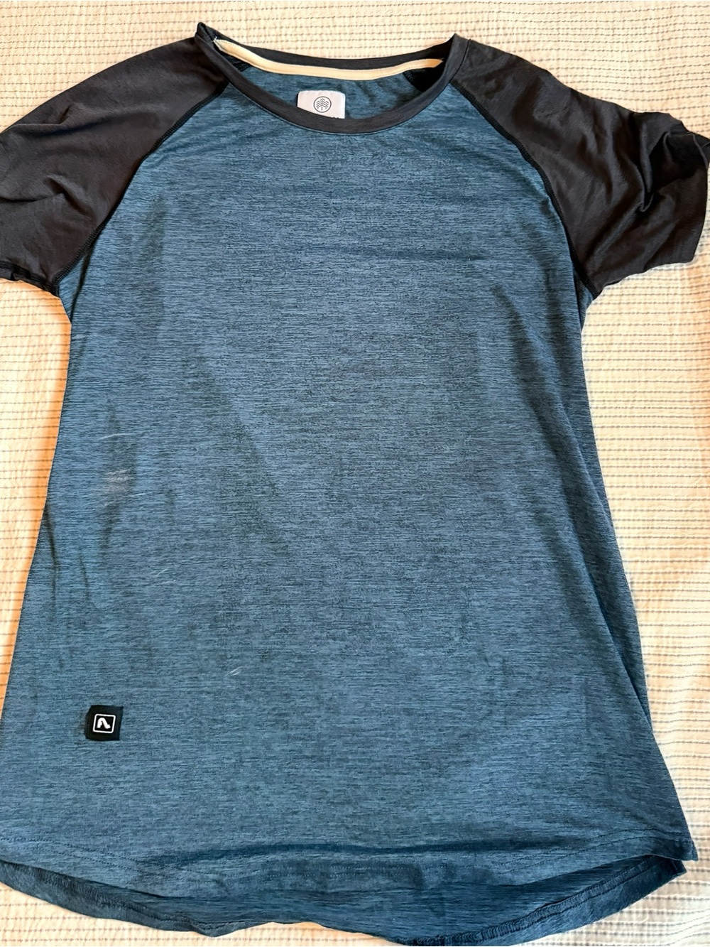 Women’s Short-Sleeve Raglan Tee in Heather Blue and Black